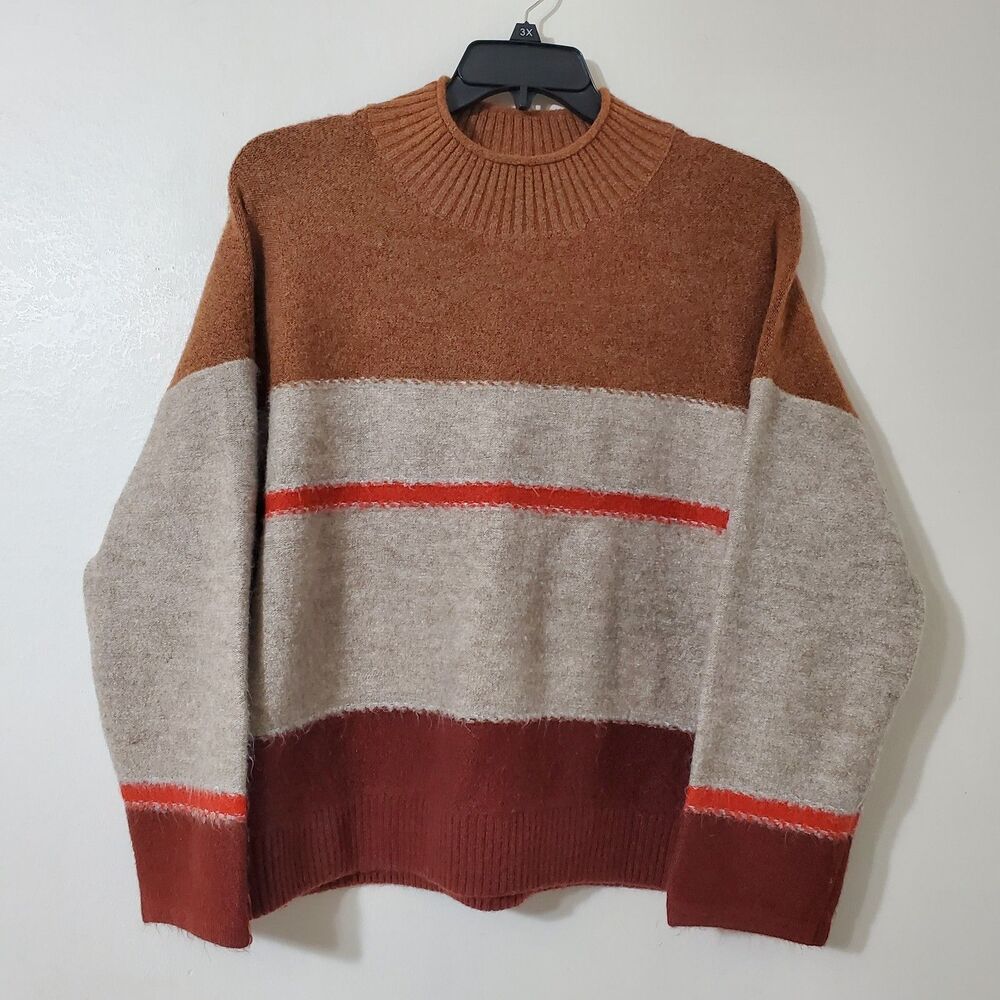 Universal Thread Womens Plus Sz 2XL Mock Neck Striped Knit Pullover Brown